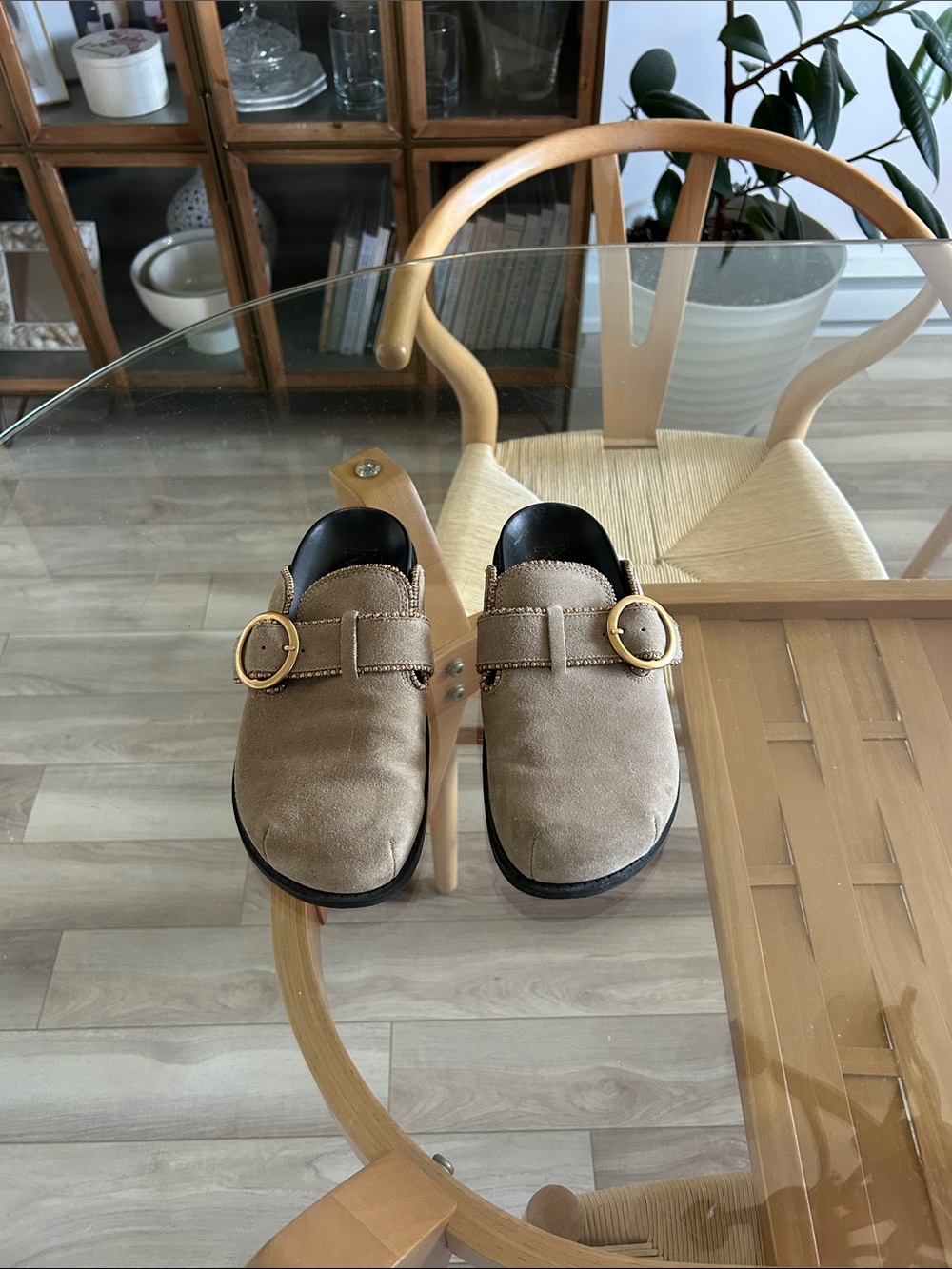 Mango Tan Suede Leather Slip-On Shoes Mules with Buckle